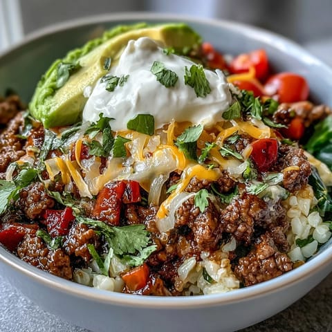 Savory Low Carb Burrito Bowl featuring sizzling ground beef, fluffy cauliflower rice, and fresh lime wedges for serving.