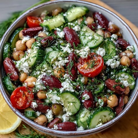 Greek Bean Salad with Lemon Marinated Beans features crunchy cucumbers, sweet tomatoes, and briny Kalamata olives.