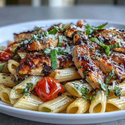 A skillet of Bruschetta Chicken Pasta tossed with fresh basil, Parmesan, and a splash of balsamic vinegar.