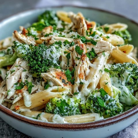 High Protein Rotisserie Chicken Broccoli Pasta with creamy Greek yogurt sauce, bright broccoli, and extra Parmesan garnish.