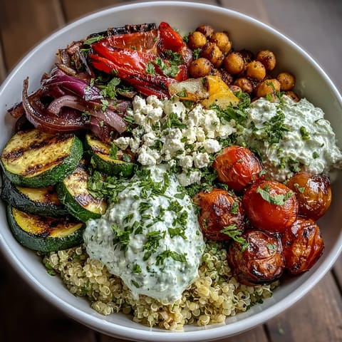 A vibrant Mediterranean Buddha Bowl filled with fluffy quinoa, roasted vegetables, and creamy hummus topped with feta.