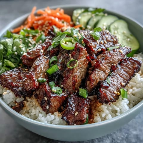 Freshly seared sesame-ginger beef rests atop fluffy rice, garnished with vibrant pickled carrots, crisp cucumber slices, and chopped green onions.