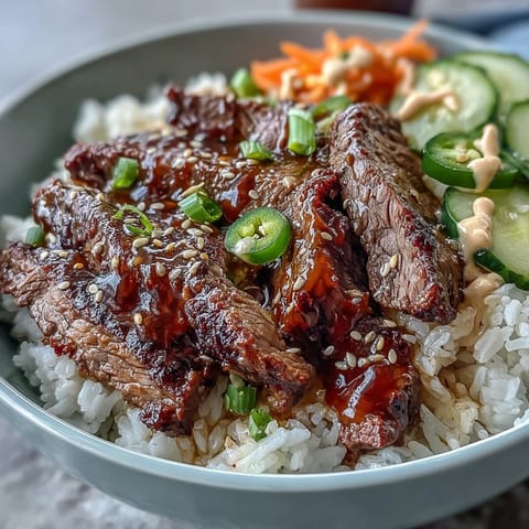 Spicy Korean Beef Power Bowl served with fresh jalapeños and a drizzle of creamy red sriracha mayo for a kick.