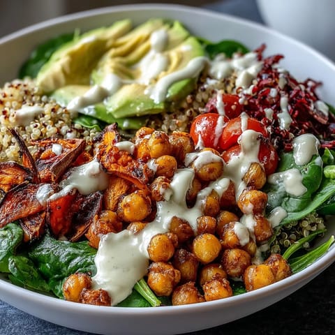 A close-up of a Buddha Bowl with Crispy Chickpeas, sliced avocado, cherry tomatoes, and shredded red cabbage drizzled with garlic tahini.