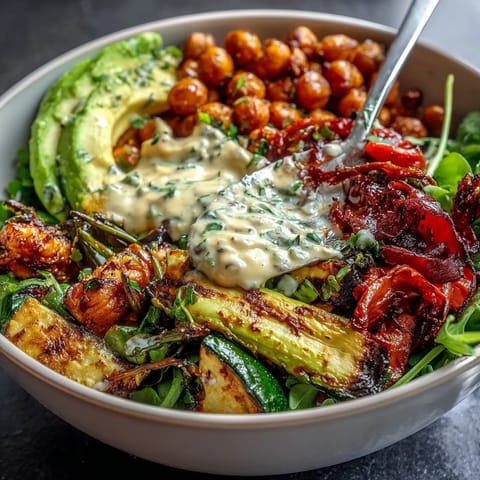 Sliced avocado, chickpeas, and hummus top this vibrant Vegan Mediterranean Buddha Bowl, with tahini dressing drizzled over roasted veggies.
