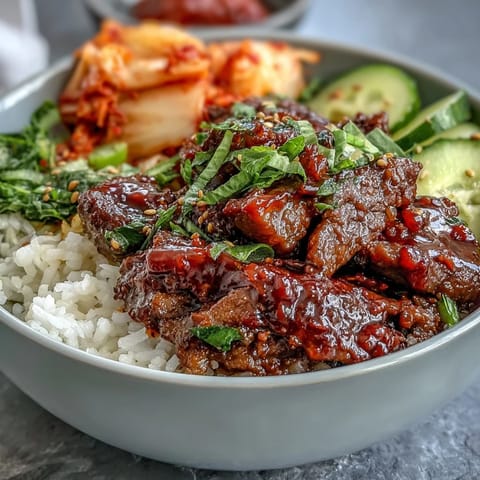 A deconstructed Korean Beef Bowl topped with pickled daikon, carrots, and sesame seeds next to a cold lager.