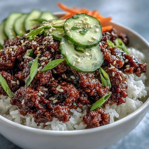 Steaming bowls of Easy Korean Beef Bowl garnished with fresh green onions, sesame seeds, and vibrant carrots.