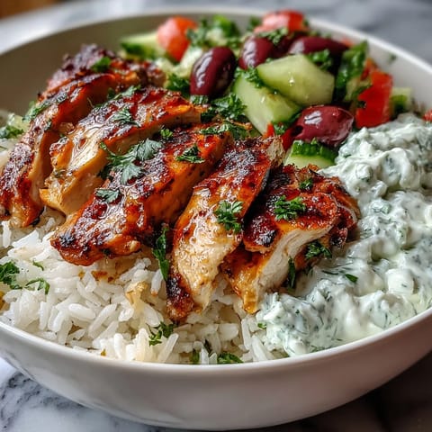 Close-up of a deconstructed Greek Chicken Bowl featuring juicy marinated chicken, fluffy herbed rice with parsley, and a vibrant tomato cucumber salad topped with briny Kalamata olives and creamy tzatziki sauce.