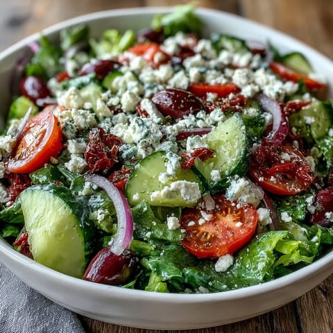 Fresh Greek Salad Bowl with crisp romaine, juicy tomatoes, crunchy cucumbers, creamy feta, briny Kalamata olives, and tangy red onion.