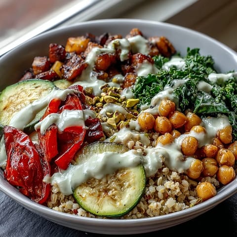 A vibrant Mediterranean Buddha Bowl Meal Prep bowl features roasted eggplant, steamed kale, and chickpeas topped with creamy tahini dressing.
