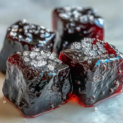 Homemade Black Currant Gummies on a marble surface, coated in sparkling sugar.