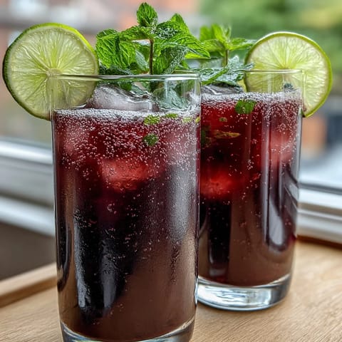 Black Currant Mocktail ingredients including blackcurrant juice, sparkling water, and lime arranged in glasses, ready to be stirred and served chilled.