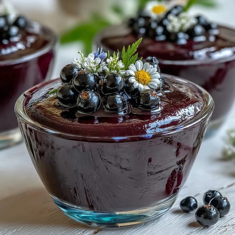 Black Currant Panna Cotta topped with a spoonful of rich purple compote