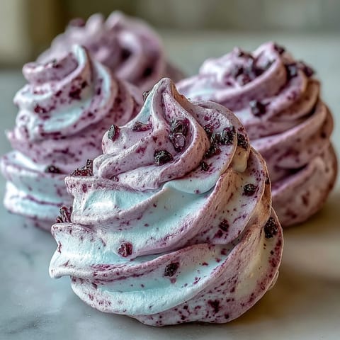 Two Black Currant Meringues are being gently lifted off a parchment-lined baking sheet.