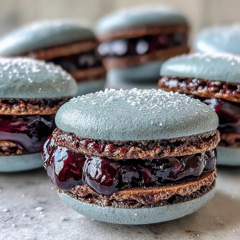 Delicate purple Black Currant Macarons with crisp shells and a vibrant, tangy filling are arranged on a white ceramic platter.