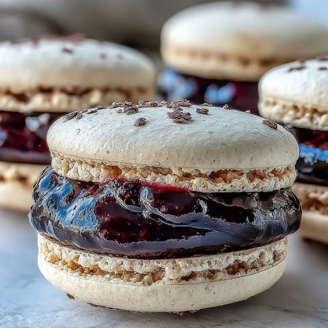 A close-up of Black Currant Macarons reveals smooth, glossy shells and a rich dark purple ganache center on a slate surface.