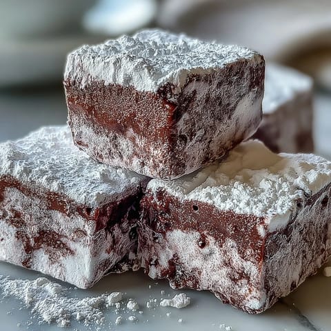 Fluffy Black Currant Marshmallows dusted with powdered sugar and cornstarch in a baking pan.
