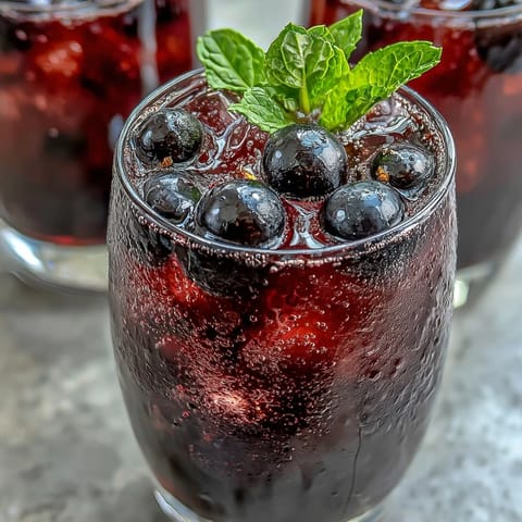 A close-up of the Black Currant It Berry Celebration Drink in a chilled glass, garnished with fresh mint and a lemon slice.