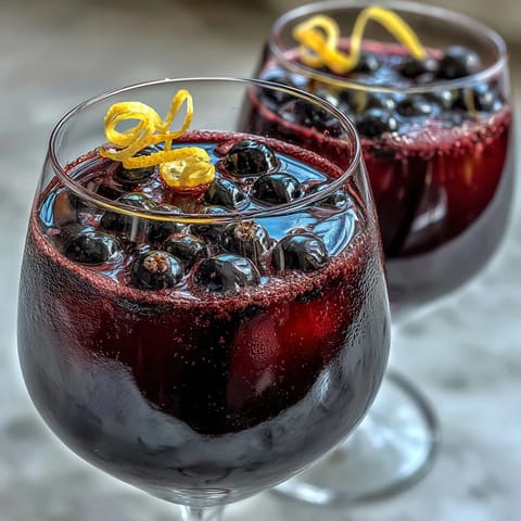 Garnished with fresh blackcurrants, a chilled Black Currant and Cassis Cocktail filled two elegant wine glasses.