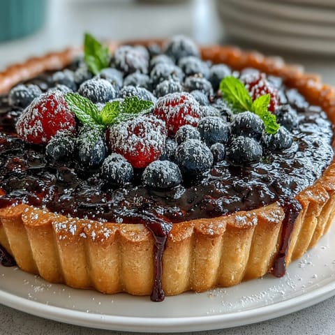Freshly baked Black Currant Fruit Tart with a crisp buttery crust and vibrant berry garnish dusted with powdered sugar.