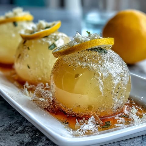 Refreshing Limoncello Sorbet Float with Sparkling Water in chilled glass, topped with lemon zest and mint.