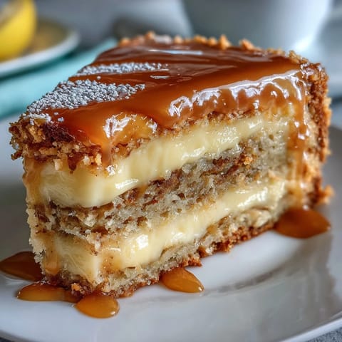 A golden lemon tart with buttery crust, topped with powdered sugar and fresh berries, served on a white plate.