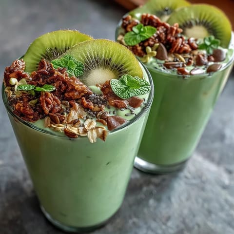 Vibrant green shamrock smoothie bowl with creamy avocado and spinach base, topped with fresh kiwi slices, granola, and mint leaves for a festive St. Patrick's Day breakfast.
