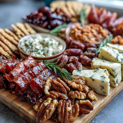 1. Housewarming Party Charcuterie Board with Dips and Crackers arranged on a rustic wooden platter, featuring cured meats, cheeses, fresh fruits, and assorted crackers for easy entertaining.