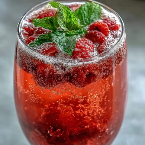 Vibrant raspberry lemon spritz mocktail with fresh berries, zesty lemon, and sparkling water—refreshing summer drink garnished with mint.