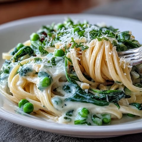 Spring pasta with lemon cream sauce and peas, featuring tender linguine coated in silky, bright citrus cream.