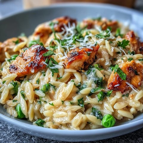Creamy One-Pot Lemon Orzo with tender chicken and bright green peas in a single skillet.