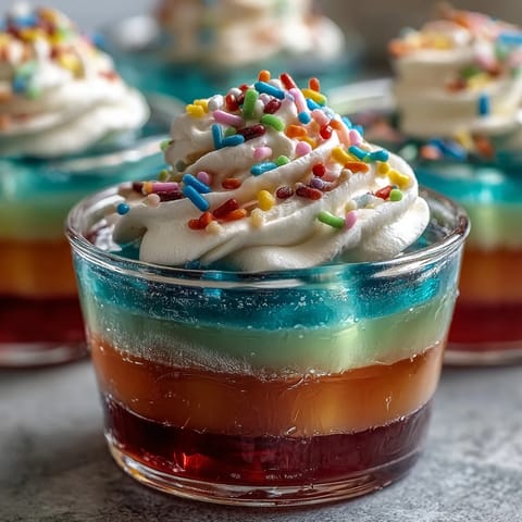 Rainbow Jello Cups for Kids: colorful, layered cups filled with fruity Jello and topped with fluffy whipped cream and rainbow sprinkles.