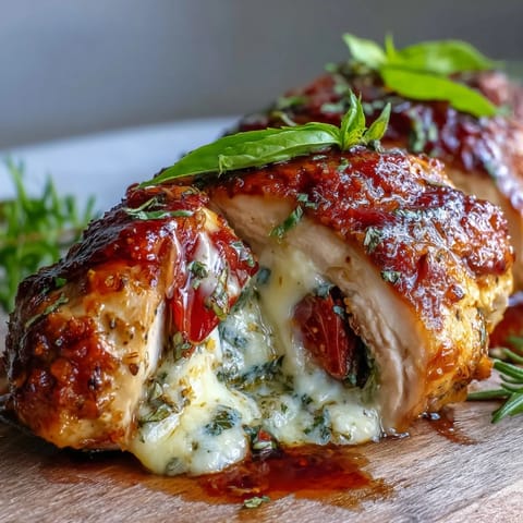 Caprese Stuffed Chicken Breast with melted mozzarella and juicy tomatoes baked to golden perfection. Fresh basil adds aroma and color to this Italian-inspired main dish. Juicy chicken breasts stuffed with fresh mozzarella, ripe tomatoes, and fragrant basil, drizzled with balsamic glaze for a vibrant summer dinner. Golden-baked Caprese Stuffed Chicken Breast filled with creamy mozzarella, garden tomatoes, and basil, finished with a tangy balsamic drizzle for a light yet satisfying meal.