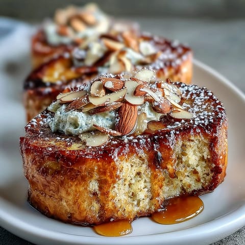 Decadent almond croissant French toast with golden brioche soaked in almond cream and topped with toasted sliced almonds.