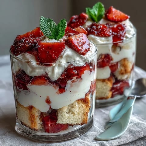 Beautiful strawberry shortcake trifle with layers of vanilla cake, fresh strawberries, and whipped cream in a clear glass.