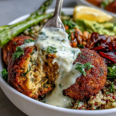 Vibrant Spring Buddha Bowl with roasted vegetables, crispy falafel, and creamy lemon-tahini dressing, perfect for a nourishing meal.