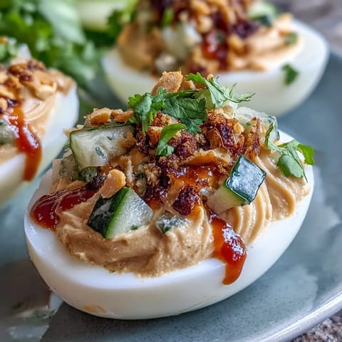 Thai Peanut Deviled Eggs: creamy, spicy filling topped with fresh cucumber relish.