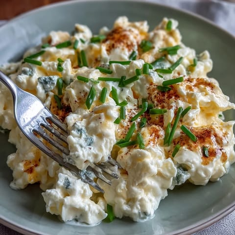 Fluffy protein-packed cottage cheese scrambled eggs studded with chives, ready to eat.