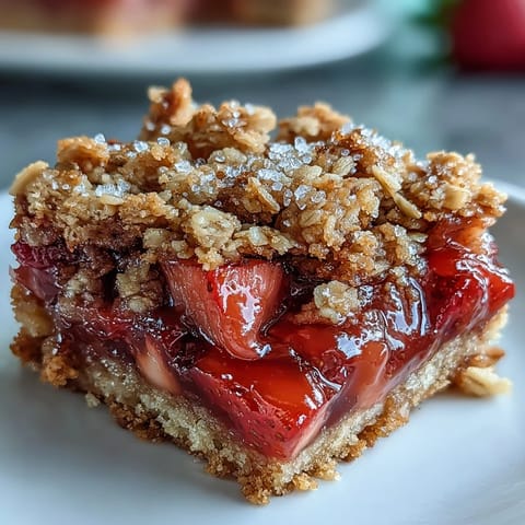 Golden brown strawberry rhubarb crumble bars, bursting with tangy fruit filling.