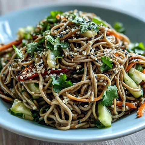 Vibrant Cold Soba Noodle Salad with Sesame Ginger, dressed and ready to serve.