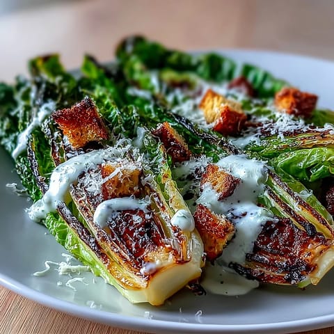 Grilled Caesar Salad: charred romaine with creamy dressing and crunchy croutons.