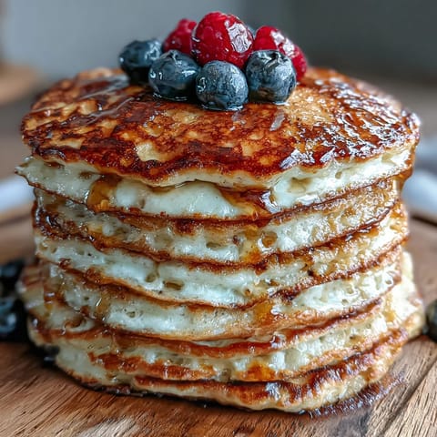 Fluffy Icelandic Skyr Pancakes piled high, ready for syrup and berries.