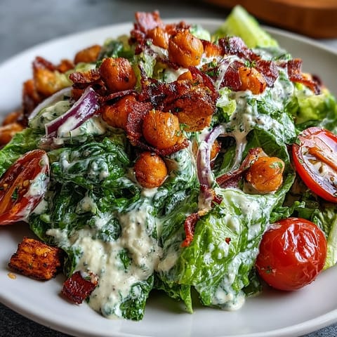 Vibrant vegan Caesar salad with crispy, seasoned chickpea croutons, a creamy dressing.