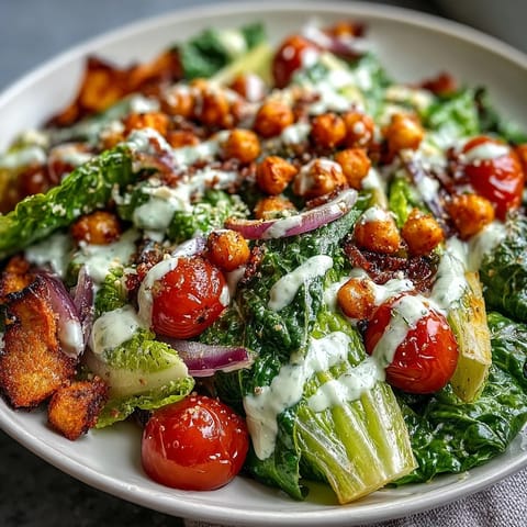 Delicious vegan Caesar salad, showcasing crunchy, roasted chickpea croutons atop fresh greens.