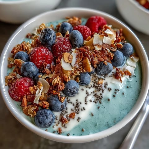 Thick skyr protein smoothie bowl with vibrant berries and crunchy granola.