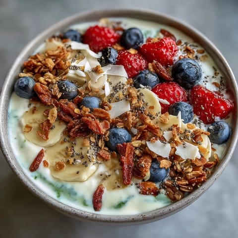 Creamy skyr protein smoothie bowl, topped with fresh berries and breakfast granola.