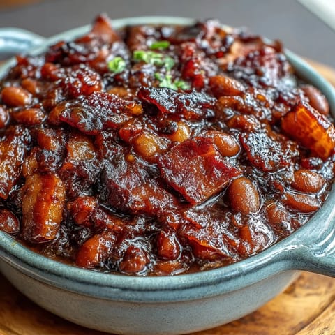Juneteenth BBQ baked beans with bacon, bubbling hot and richly sauced.