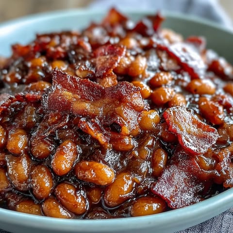 Smoky molasses baked beans dish, slow-cooked to perfection for any gathering.