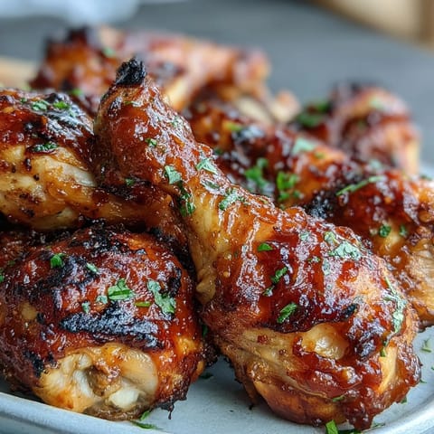 Juicy BBQ chicken drumsticks with spicy peach glaze sticky from grilling.
