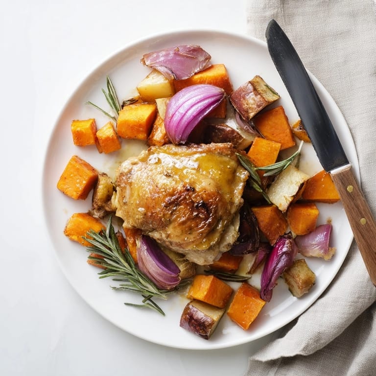 Close-up of Honey-Glazed Chicken with tender, golden root vegetables, ready for a cozy dinner.